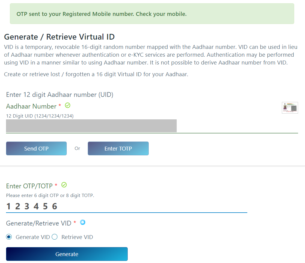 Generate / Retrieve lost / forgotten AADHAAR virtual ID; confirm OTP.